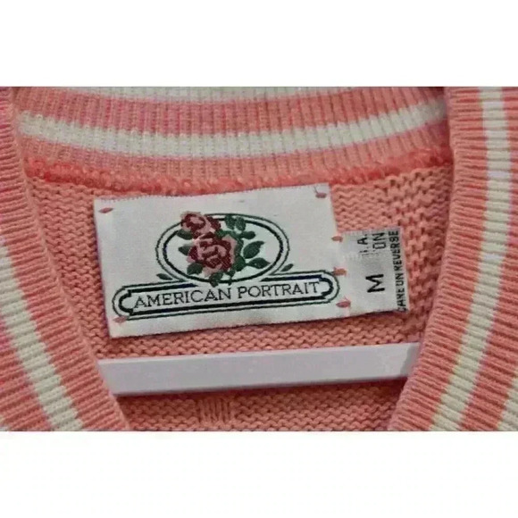 Vintage Sweater Size Medium 100% Cotton Pink Varsity Knit Preppy 80s 90s - Picture 6 of 10